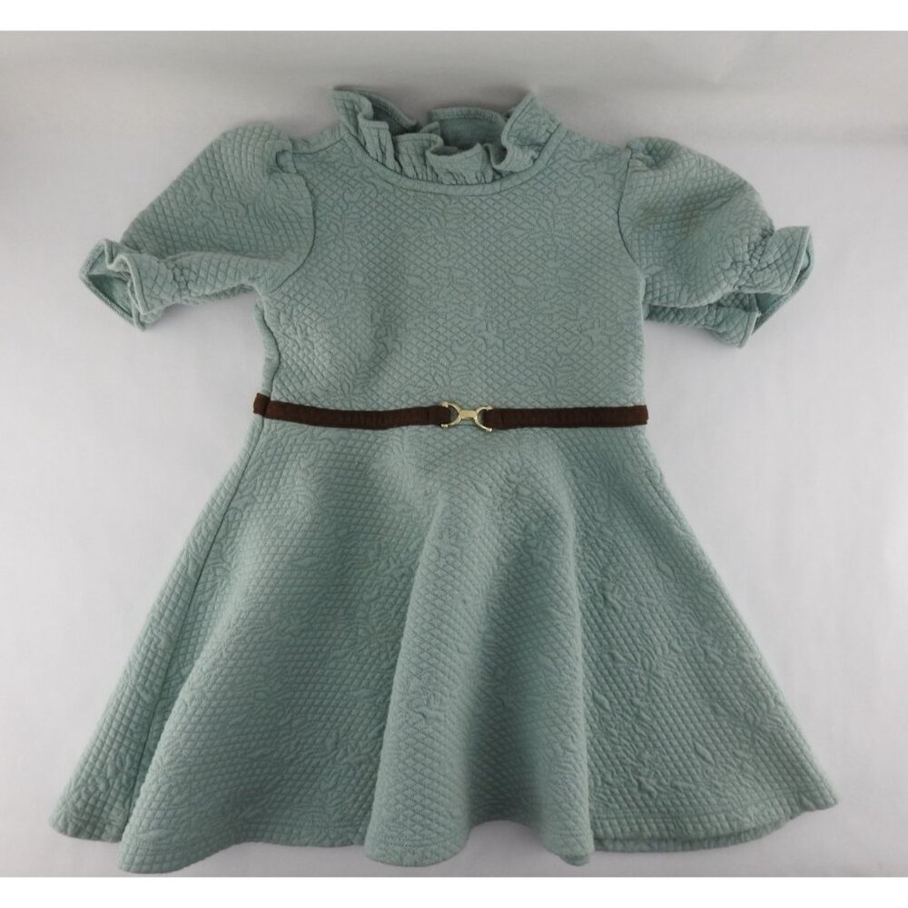 Janie And Jack Quilted Sage Green Dress Ruffle Collar Brown Belt Girls Size 3